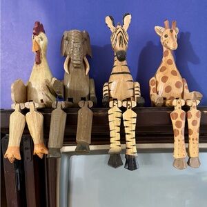 Vintage 4 Folk Art Primitive Wood Shelf Sitter Zebra Chicken Elephant Giraffe
